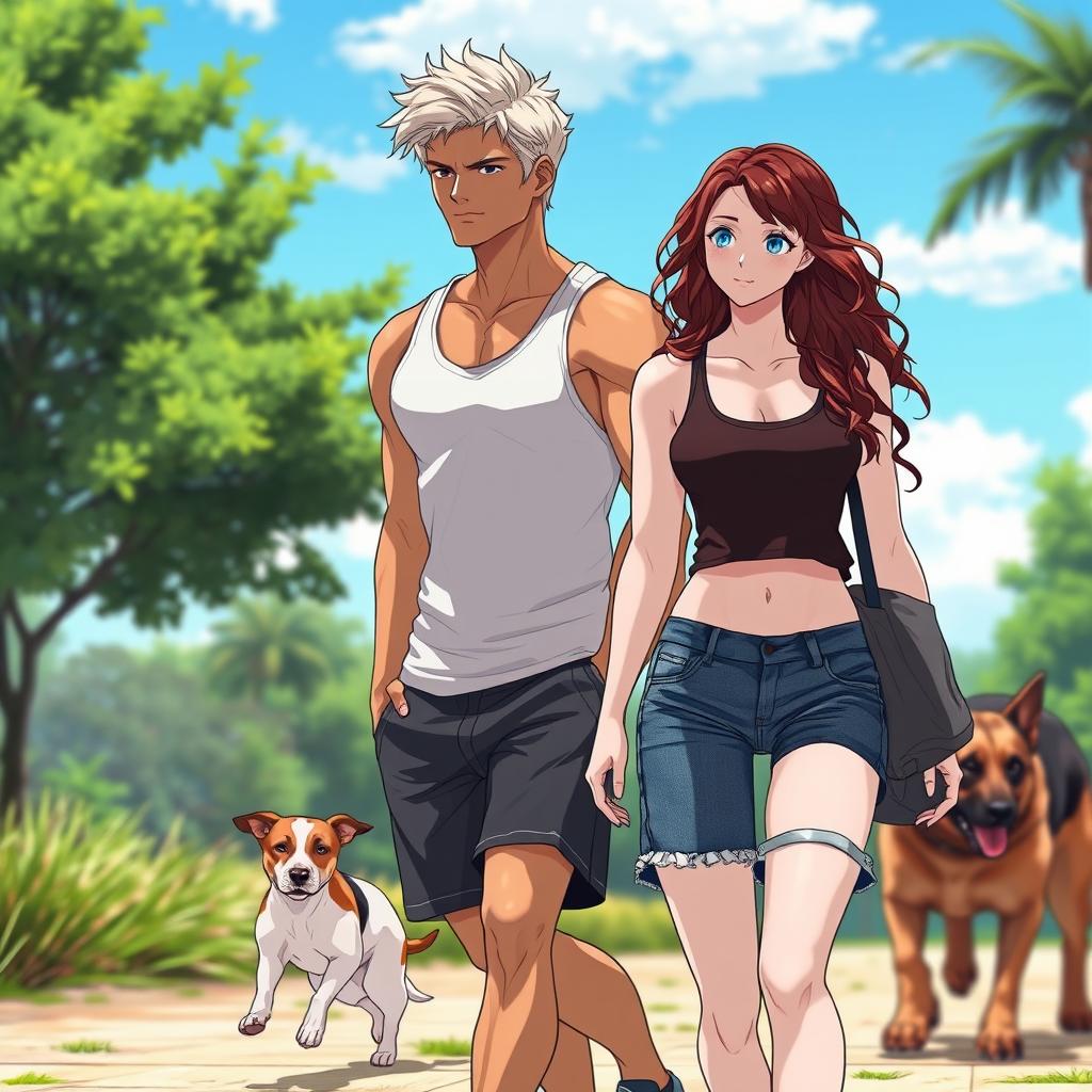 An anime-style image showcasing a handsome man with slightly long platinum blond hair, muscular and 6 feet 4 inches tall, dressed in a tank top and running shorts