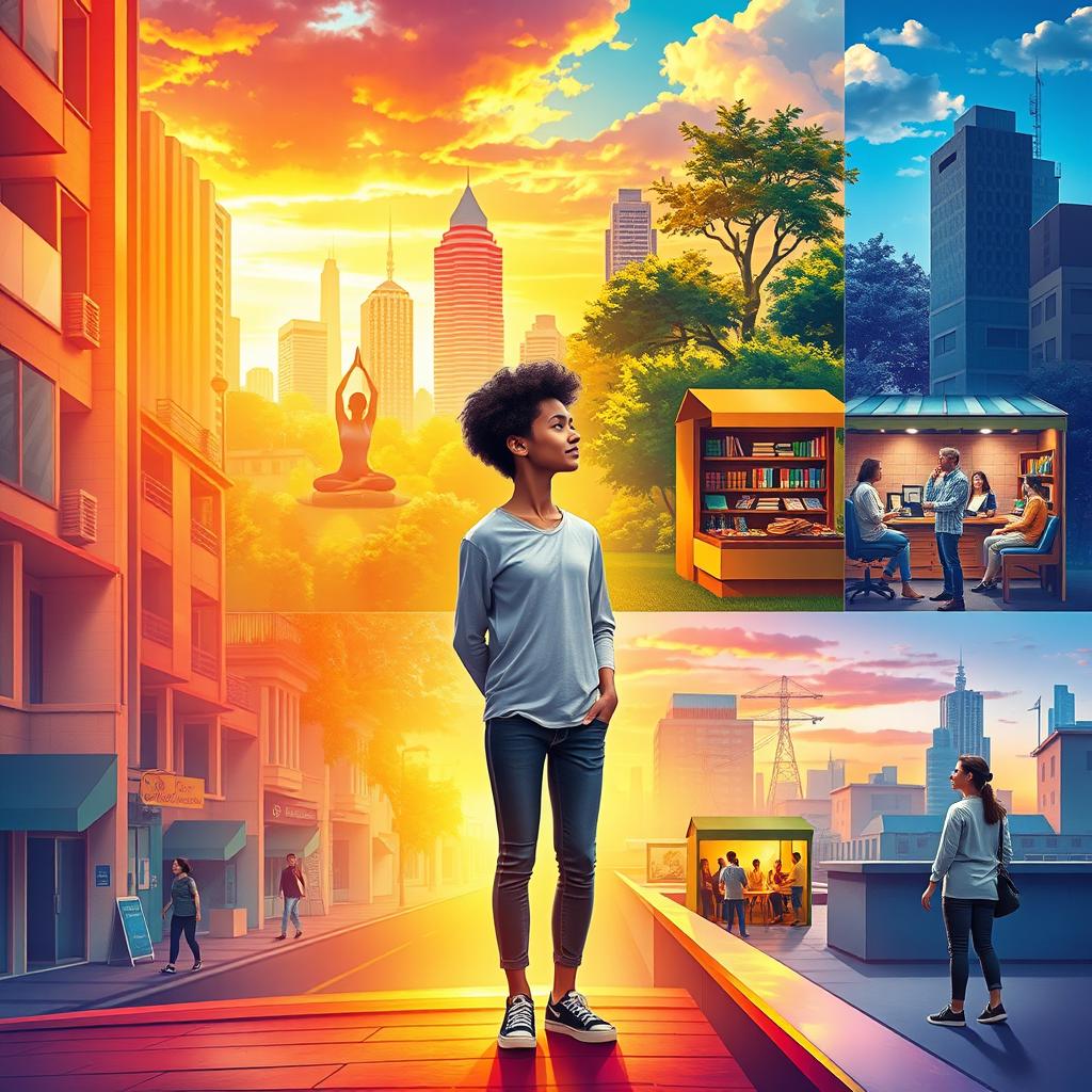 A beautiful, inspirational scene showing a person going through a transformative journey in a vibrant city