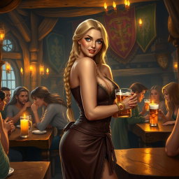 A medieval fantasy tavern scene featuring a beautiful tavern girl with long, blonde braided hair