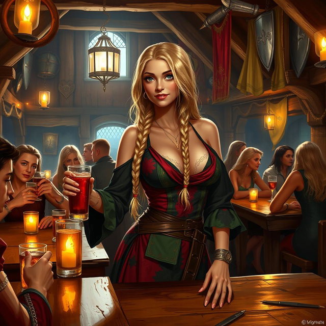 A medieval fantasy tavern scene featuring a beautiful tavern girl with long, blonde braided hair