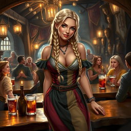 A medieval fantasy tavern scene featuring a beautiful tavern girl with long, blonde braided hair