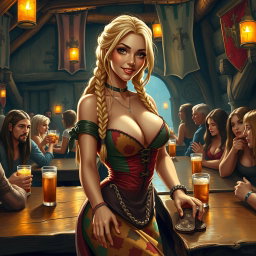 A medieval fantasy tavern scene featuring a beautiful tavern girl with long, blonde braided hair