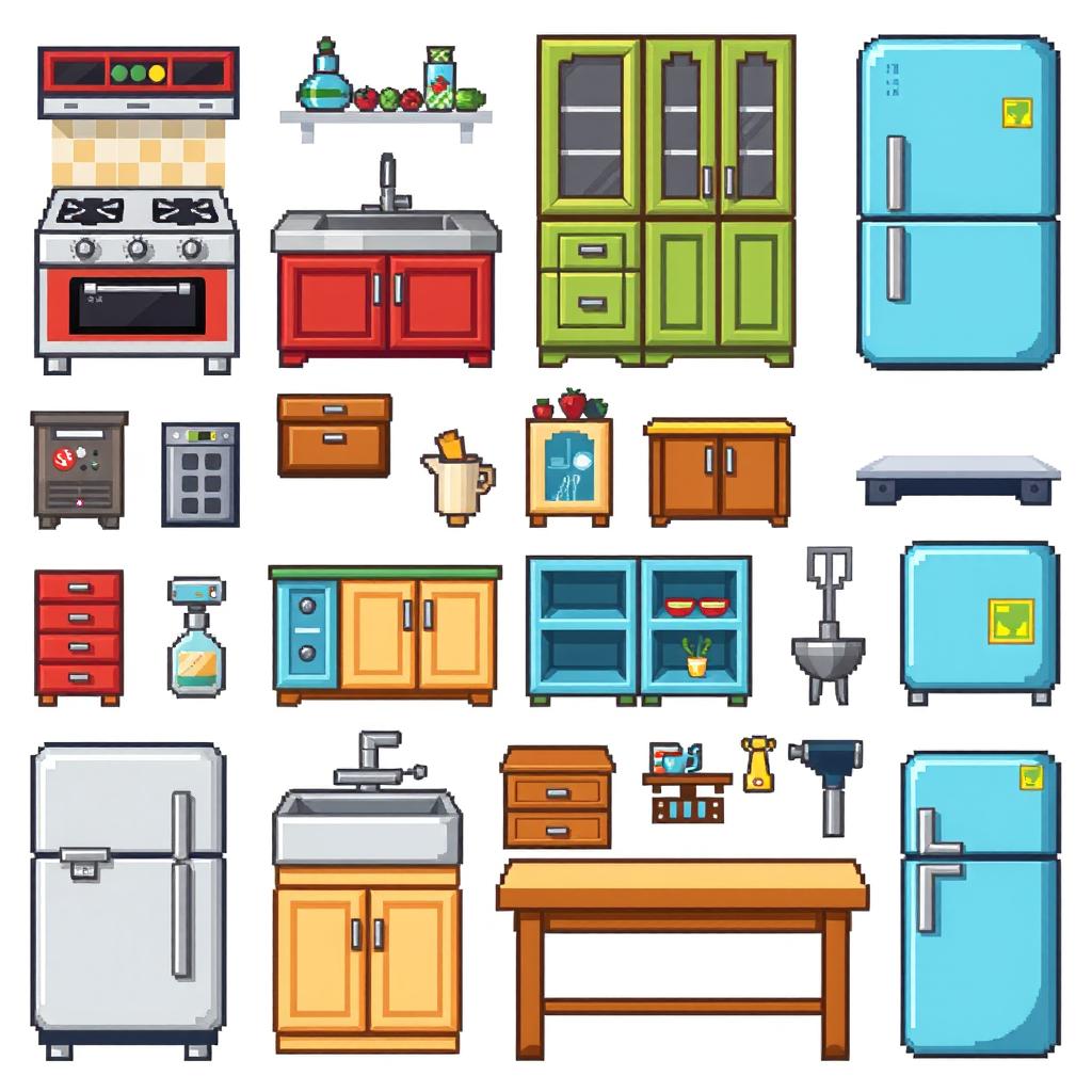 A detailed pixel art spritesheet featuring various kitchen furniture elements, including a stove, a refrigerator, a kitchen sink, cabinets, and a kitchen table