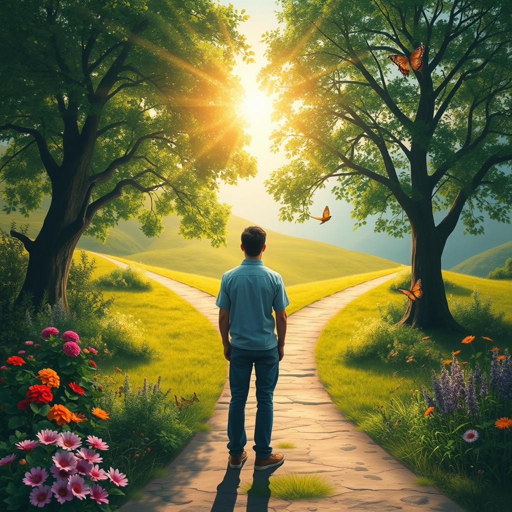 An artistic representation of the journey of self-discovery, featuring a person standing at a crossroads in a serene, picturesque landscape