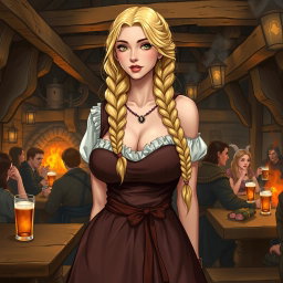 A medieval fantasy tavern scene featuring a serving girl with long, braided blonde hair