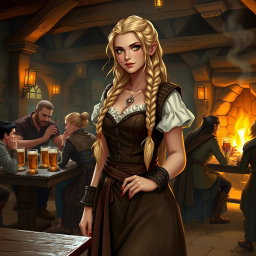 A medieval fantasy tavern scene featuring a serving girl with long, braided blonde hair