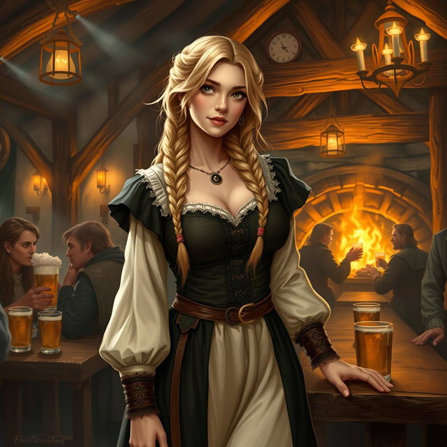 A medieval fantasy tavern scene featuring a serving girl with long, braided blonde hair