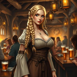 A medieval fantasy tavern scene featuring a serving girl with long, braided blonde hair