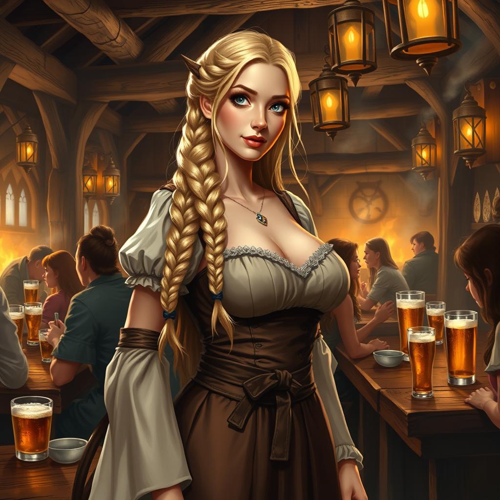 A medieval fantasy tavern scene featuring a serving girl with long, braided blonde hair