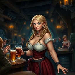 A medieval fantasy tavern scene featuring a beautiful serving girl with braided blonde hair, wearing an alluring yet modest dress that accentuates her curvy figure