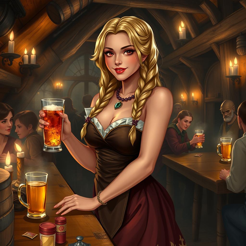 A medieval fantasy tavern scene featuring a beautiful serving girl with braided blonde hair, wearing an alluring yet modest dress that accentuates her curvy figure