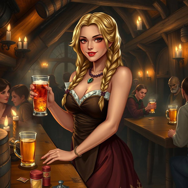 A medieval fantasy tavern scene featuring a beautiful serving girl with braided blonde hair, wearing an alluring yet modest dress that accentuates her curvy figure