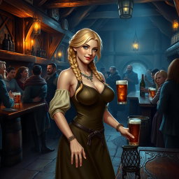 A medieval fantasy tavern scene featuring a beautiful serving girl with braided blonde hair, wearing an alluring yet modest dress that accentuates her curvy figure