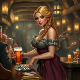 A medieval fantasy tavern scene featuring a beautiful serving girl with braided blonde hair, wearing an alluring yet modest dress that accentuates her curvy figure