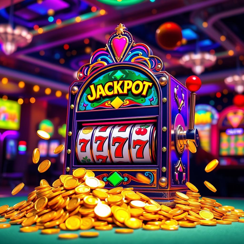A visually striking and colorful representation of a 'jackpot' theme, featuring golden coins spilling out from a vibrant and ornate slot machine