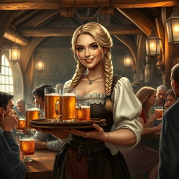 A medieval fantasy tavern scene featuring a beautiful serving girl with blonde braided hair