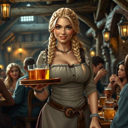 A medieval fantasy tavern scene featuring a beautiful serving girl with blonde braided hair
