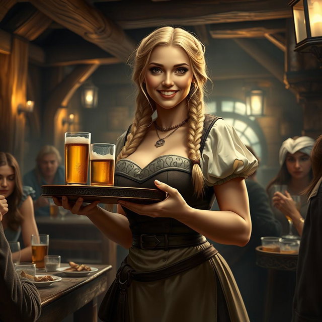 A medieval fantasy tavern scene featuring a beautiful serving girl with blonde braided hair