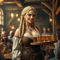 A medieval fantasy tavern scene featuring a beautiful serving girl with blonde braided hair