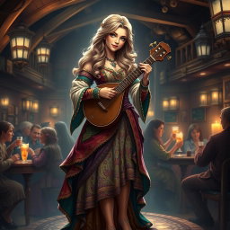 A stunning female bard in a medieval fantasy setting, dressed in an elegantly detailed costume adorned with colorful fabrics, flowing skirts, and intricate patterns