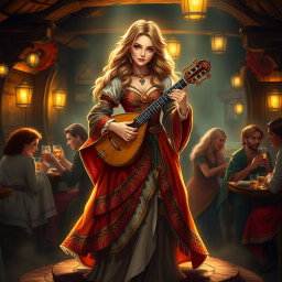 A stunning female bard in a medieval fantasy setting, dressed in an elegantly detailed costume adorned with colorful fabrics, flowing skirts, and intricate patterns