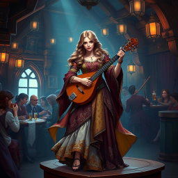 A stunning female bard in a medieval fantasy setting, dressed in an elegantly detailed costume adorned with colorful fabrics, flowing skirts, and intricate patterns