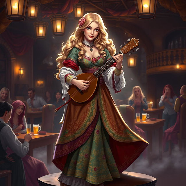 A stunning female bard in a medieval fantasy setting, dressed in an elegantly detailed costume adorned with colorful fabrics, flowing skirts, and intricate patterns