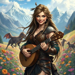 A stunning female bard in a medieval fantasy setting, adorned in intricately designed leather armor that accentuates her curves
