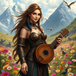 A stunning female bard in a medieval fantasy setting, adorned in intricately designed leather armor that accentuates her curves