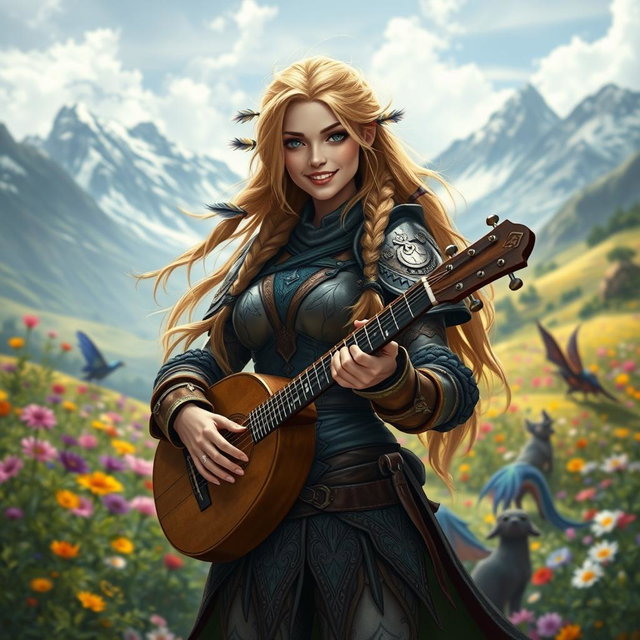 A stunning female bard in a medieval fantasy setting, adorned in intricately designed leather armor that accentuates her curves