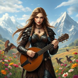 A stunning female bard in a medieval fantasy setting, adorned in intricately designed leather armor that accentuates her curves