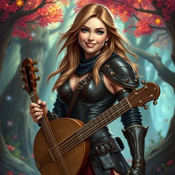 A captivating female bard in a medieval fantasy setting, adorned in stylish leather armor that accentuates her figure