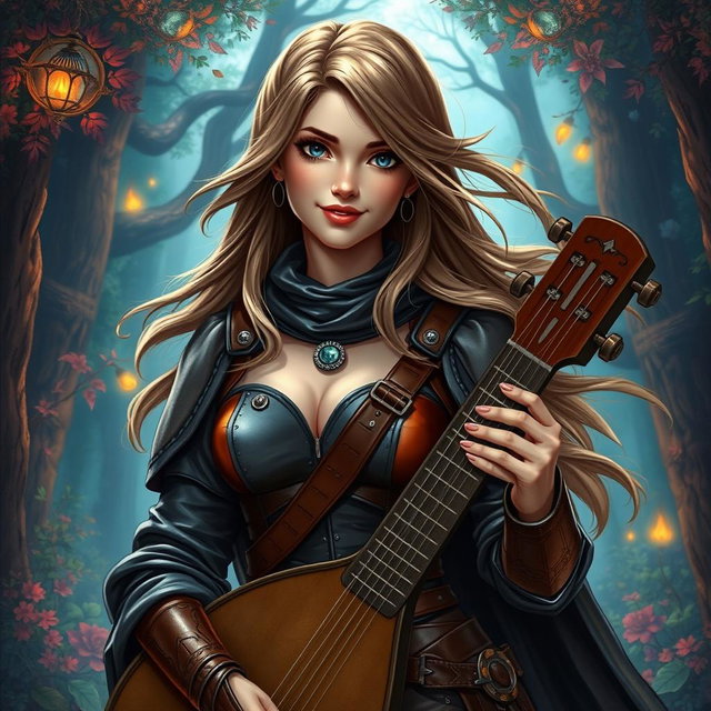 A captivating female bard in a medieval fantasy setting, adorned in stylish leather armor that accentuates her figure