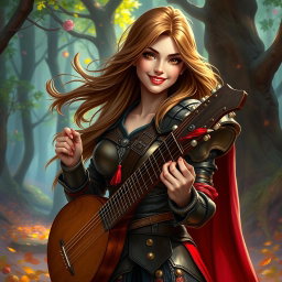 A captivating female bard in a medieval fantasy setting, adorned in stylish leather armor that accentuates her figure