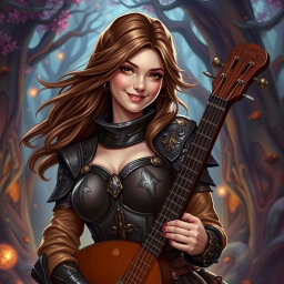 A captivating female bard in a medieval fantasy setting, adorned in stylish leather armor that accentuates her figure
