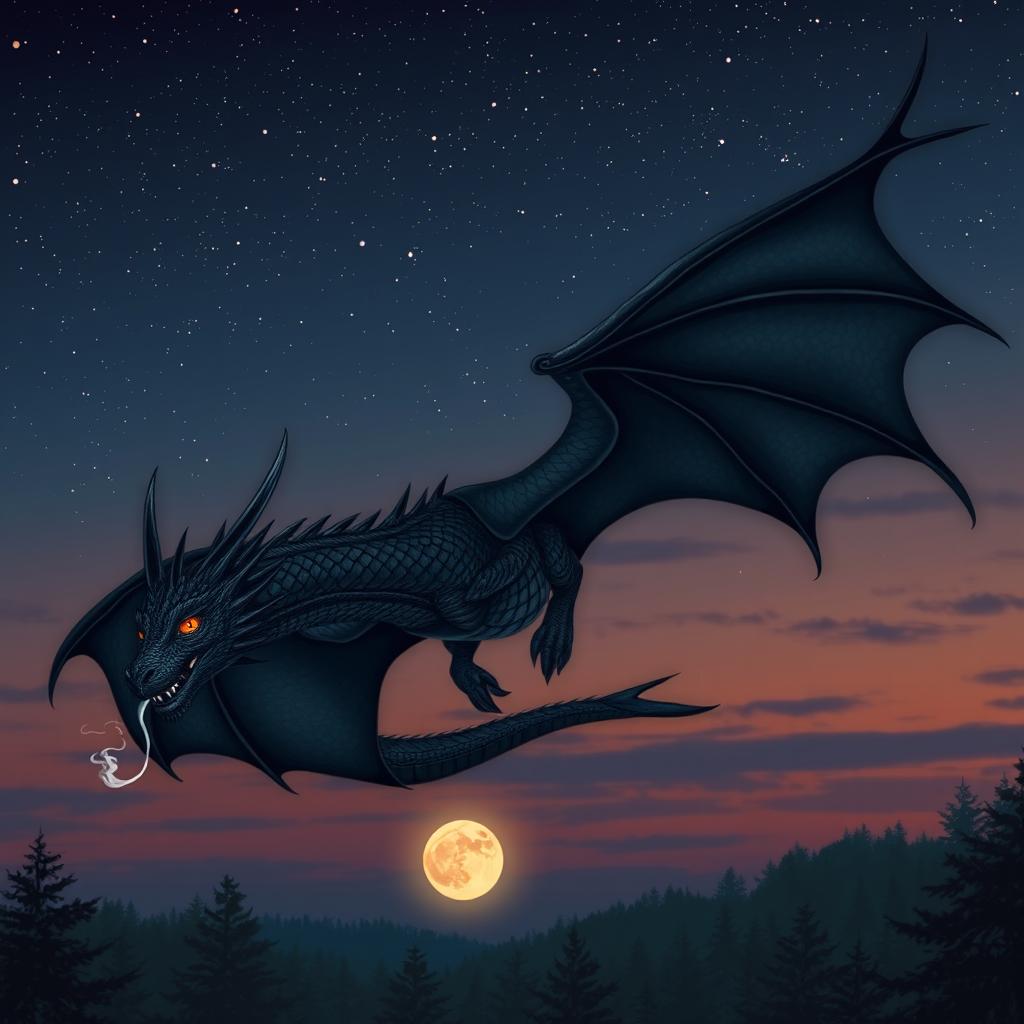 A majestic black dragon with scatter pattern scales, soaring gracefully through a twilight sky filled with shimmering stars