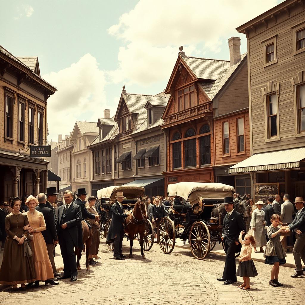 A realistic photo taken in the 1880s, showcasing a bustling street scene in a small town