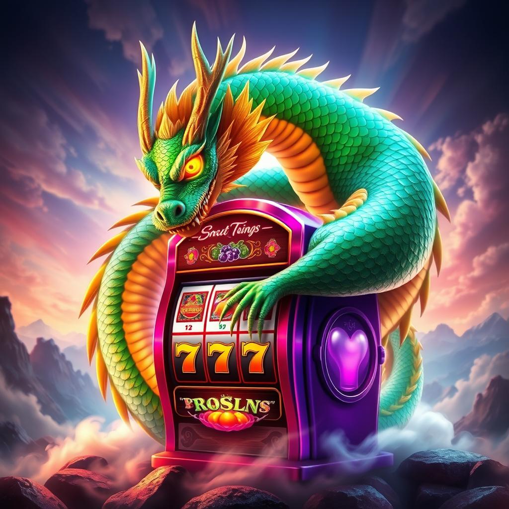 A vibrant and mythical scene featuring a majestic dragon curled around a colorful slot machine