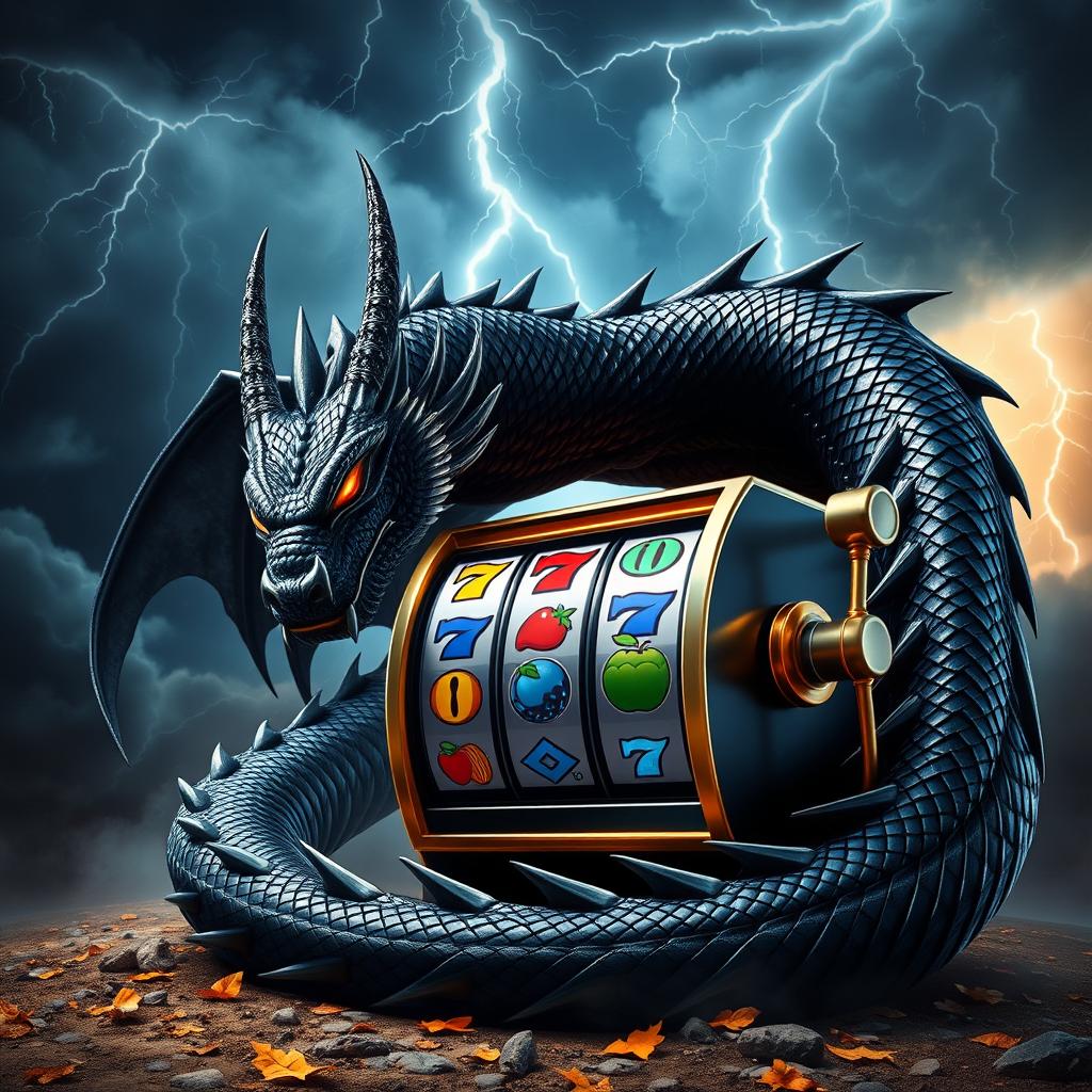 A striking scene featuring a fierce black dragon coiled protectively around a colorful slot machine