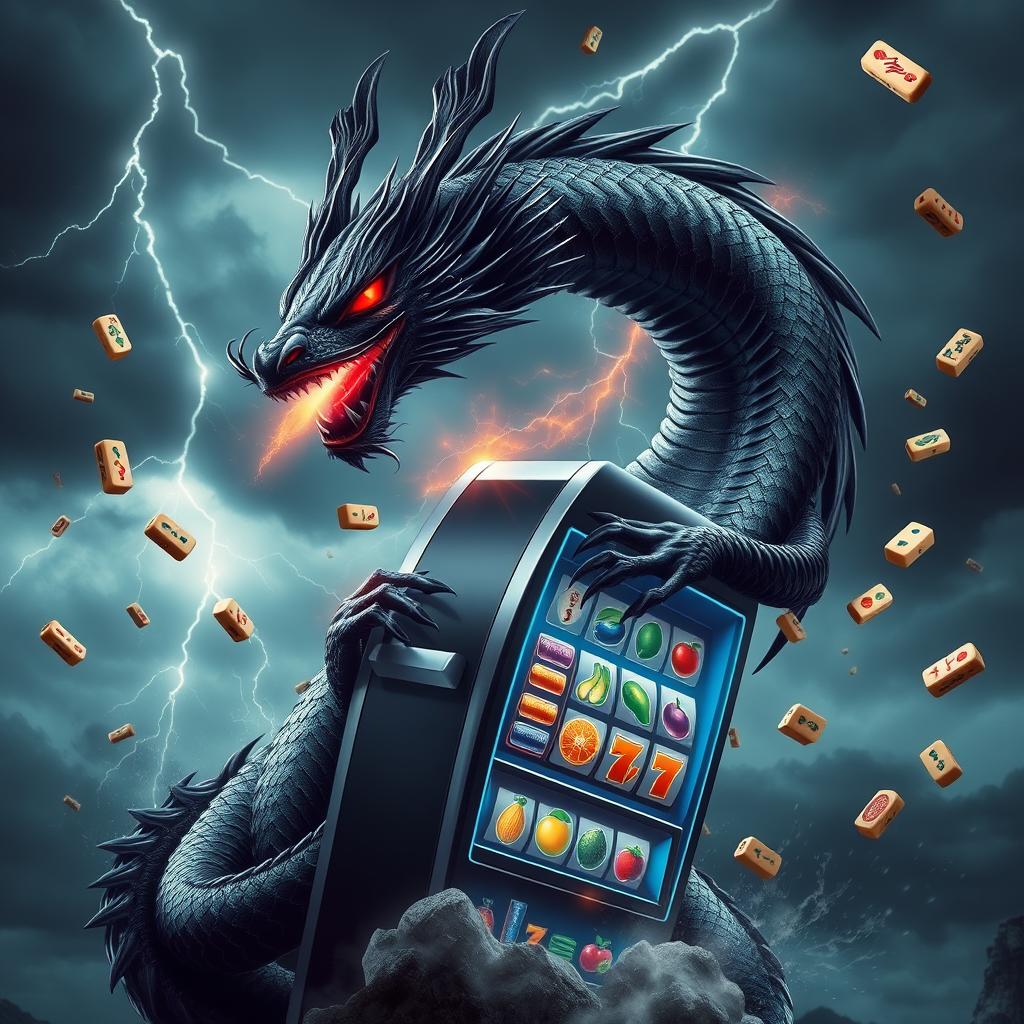 A dramatic scene showcasing a fierce black dragon intertwined with a modern slot machine, set against a backdrop of a thunderous storm