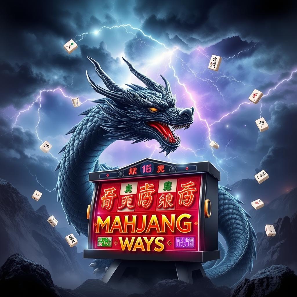 A captivating scene featuring a fierce black dragon, its majestic form intertwined with the Mahjong Ways slot machine, surrounded by an electrifying atmosphere