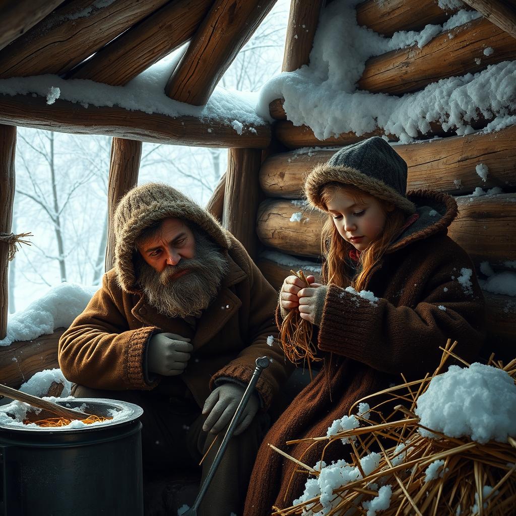 A scene depicting a bearded man and a young girl both dressed in heavy winter clothing