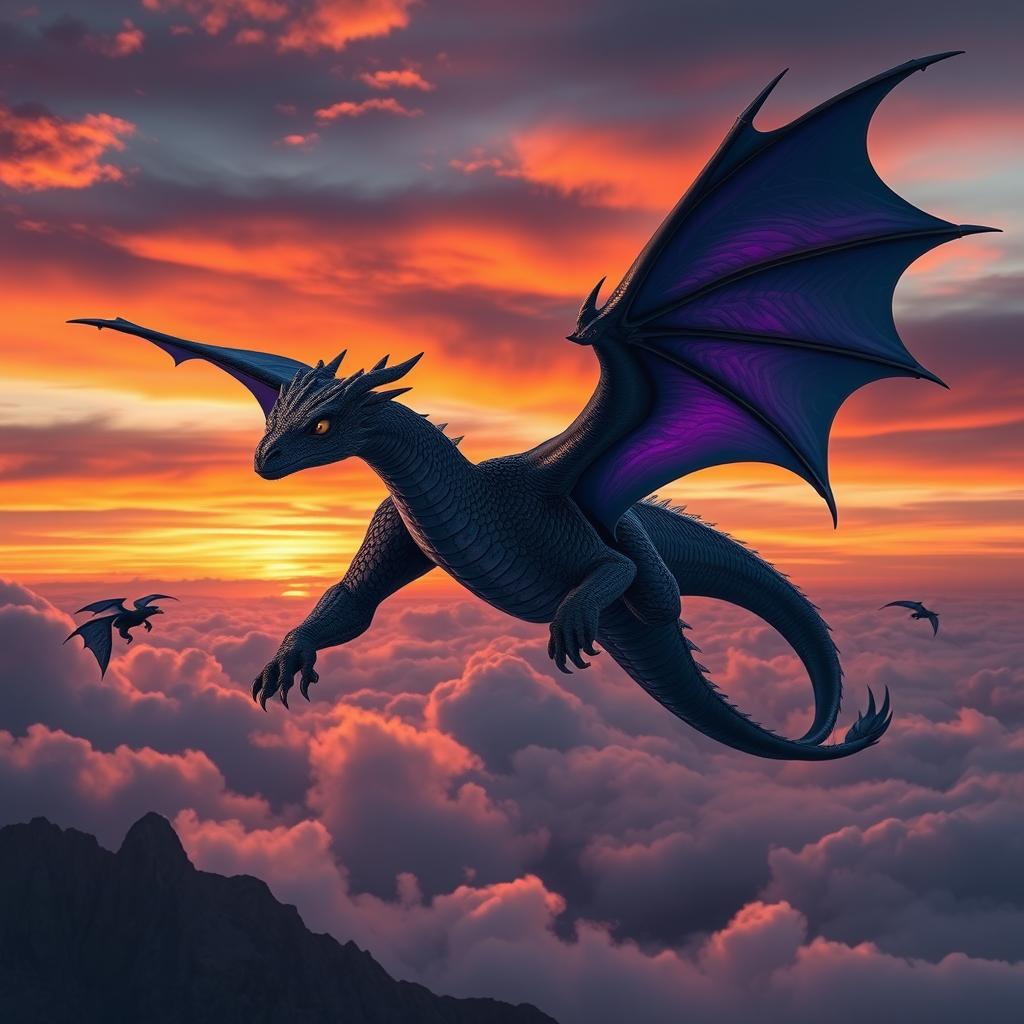 A majestic black scatter dragon, soaring through the sky with shimmering scales that reflect a hint of purple and blue iridescence