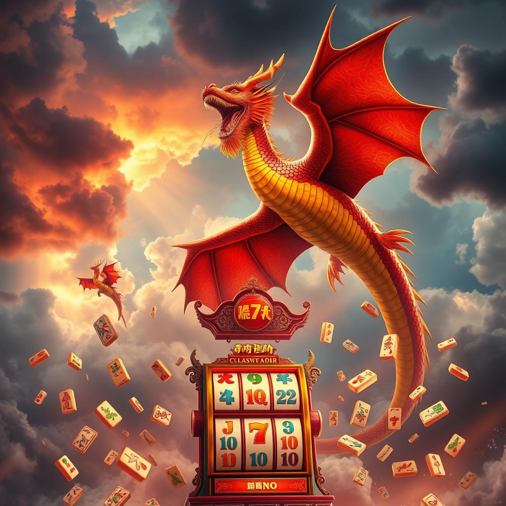A colossal dragon soaring through a dramatic sky filled with fiery colors and ominous thunderclouds
