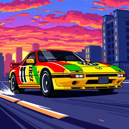 A vibrant pixel art representation of a Mazda RX-7, showcasing its iconic silhouette with a smooth body design and round headlights