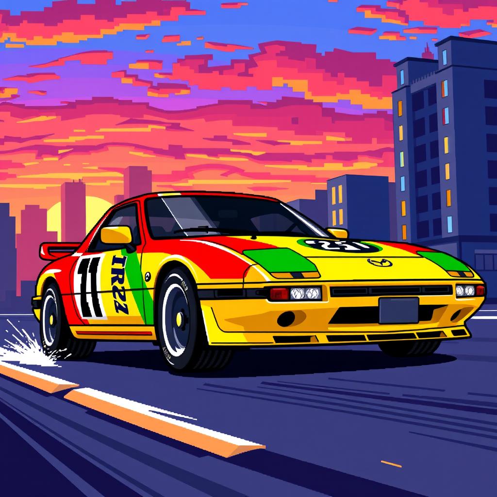 A vibrant pixel art representation of a Mazda RX-7, showcasing its iconic silhouette with a smooth body design and round headlights