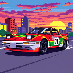 A vibrant pixel art representation of a Mazda RX-7, showcasing its iconic silhouette with a smooth body design and round headlights