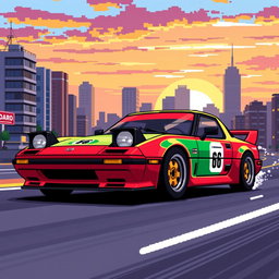 A vibrant pixel art representation of a Mazda RX-7, showcasing its iconic silhouette with a smooth body design and round headlights