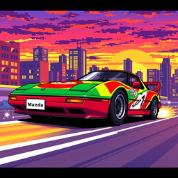 A vibrant pixel art representation of a Mazda RX-7, showcasing its iconic silhouette with a smooth body design and round headlights
