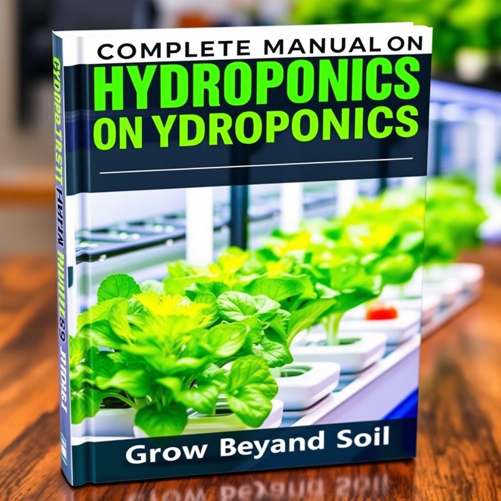 A visually striking book cover for the 'Complete Manual on Hydroponics'